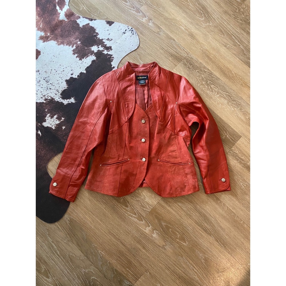 Vintage Metrostyle Womens Red Genuine Leather Suede Button Front Jacket Size 16